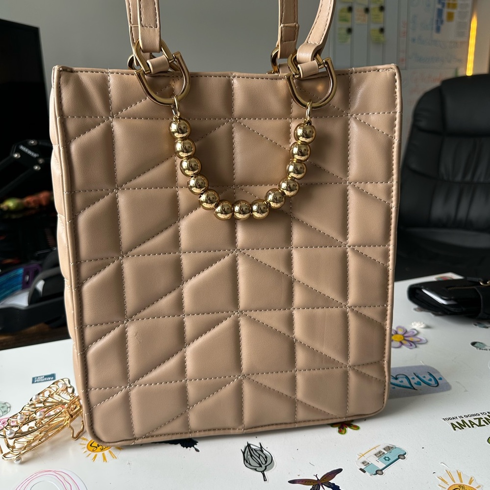 Zara Tan and Gold Quilted Tote Bag